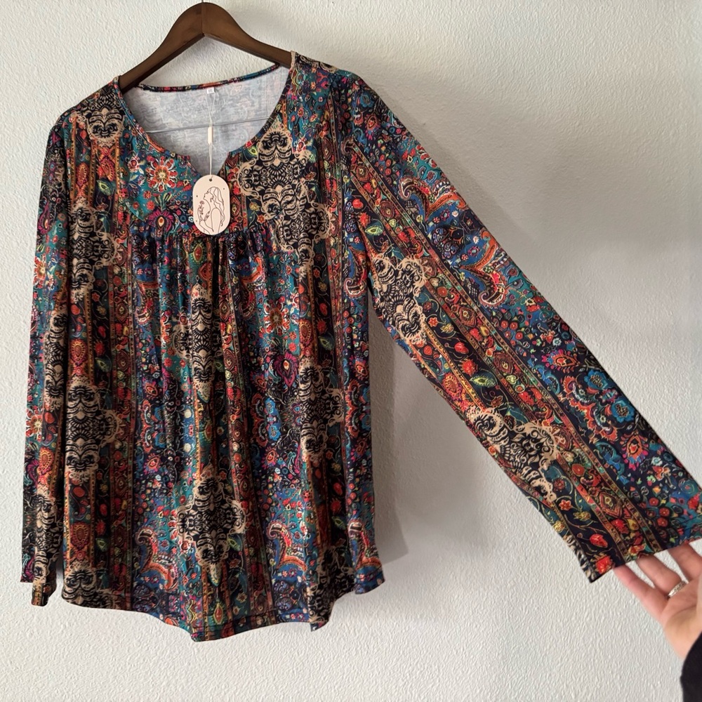 Bohemian Paisley Floral Print Henley Tunic Blouse Plus Size XXL NWT - Picture 3 of 14